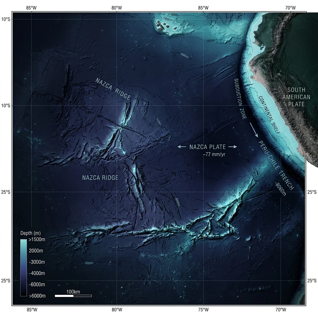 A 3D bathymetric render of the Nazca Ridge extending off the coast of Peru