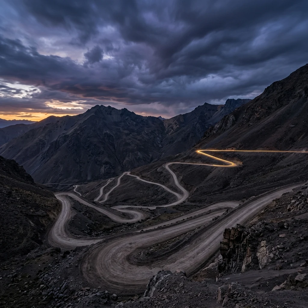 Mountain pass at twilight with vehicle lights