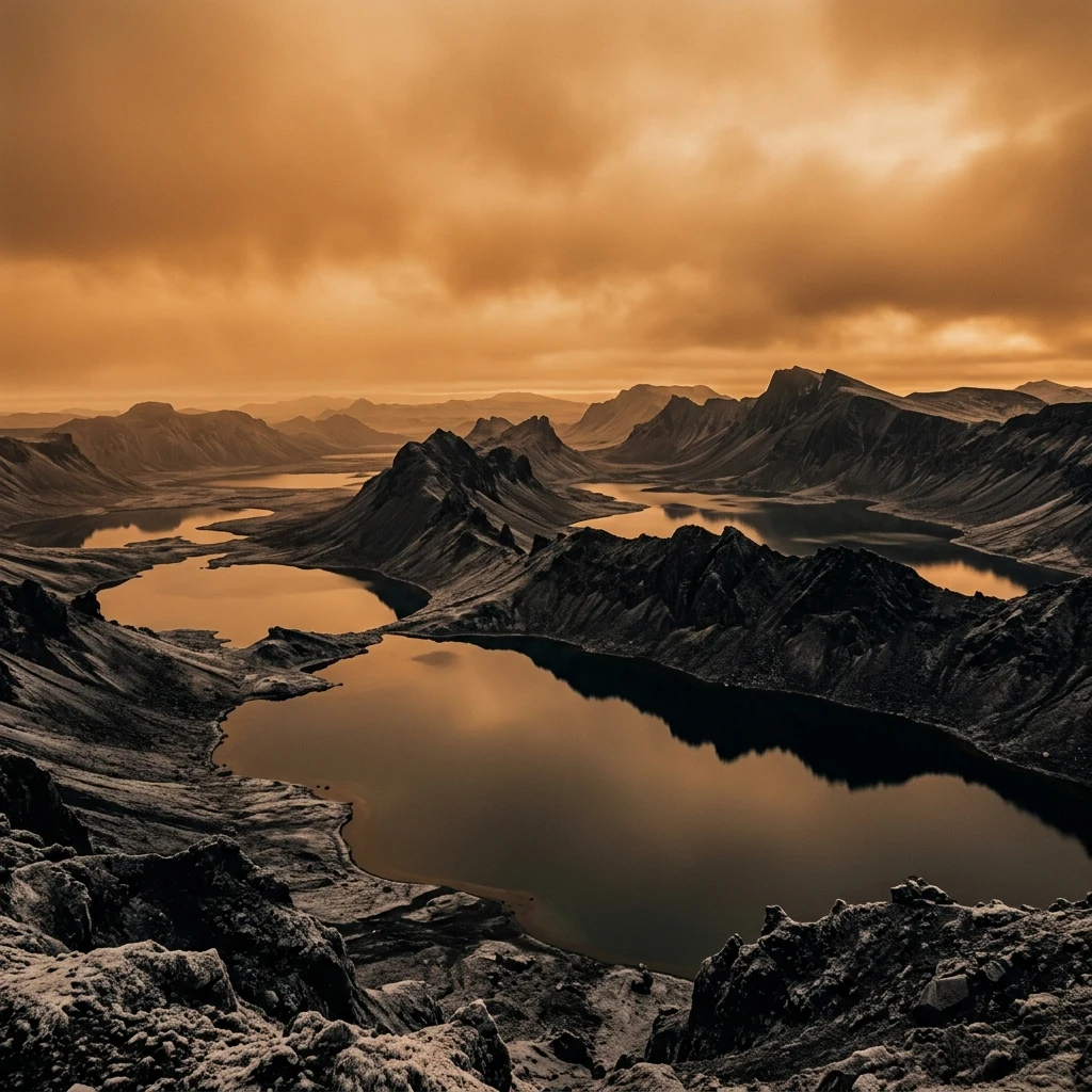 Frozen alien landscape with dark mountains