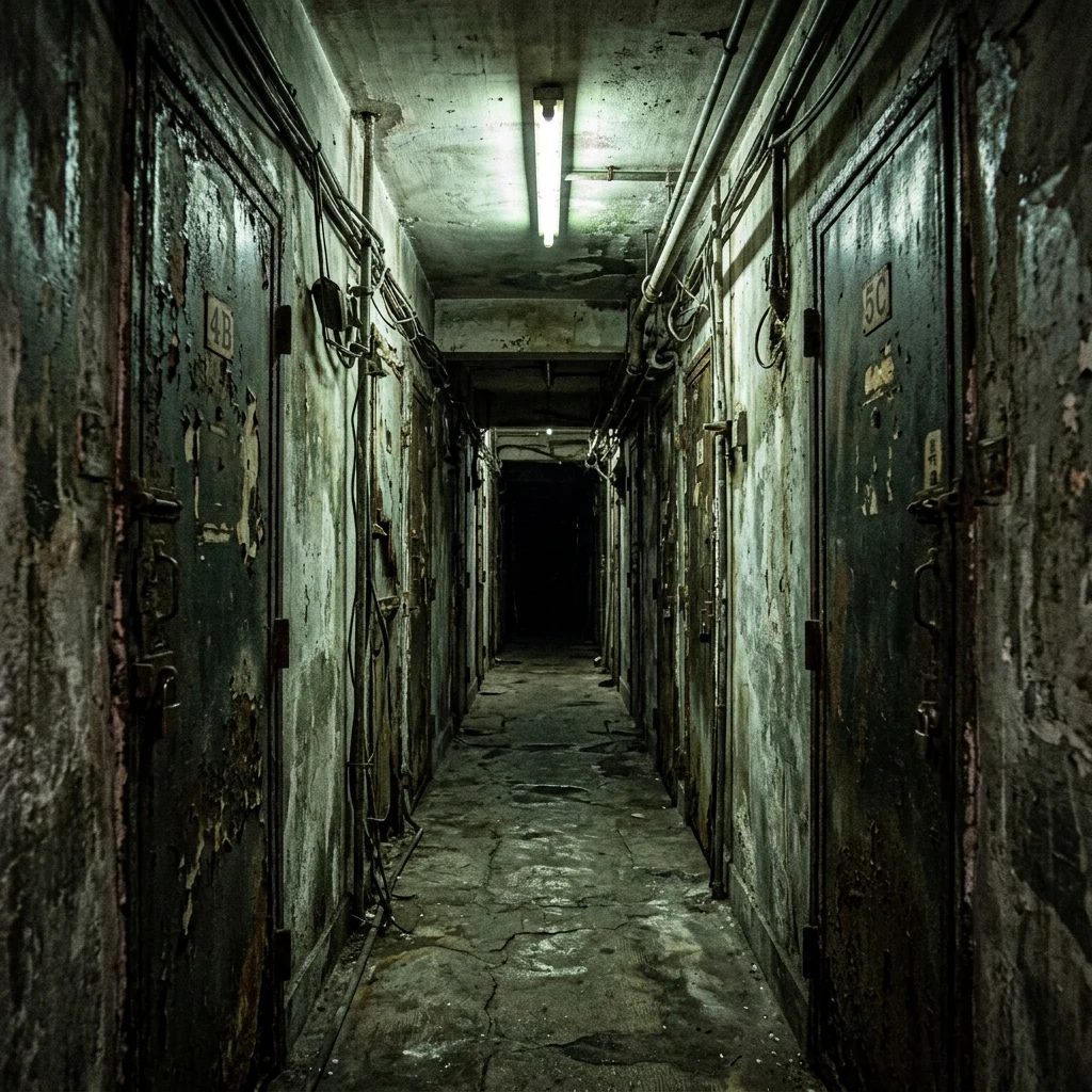 A narrow corridor inside Kowloon Walled City at midnight