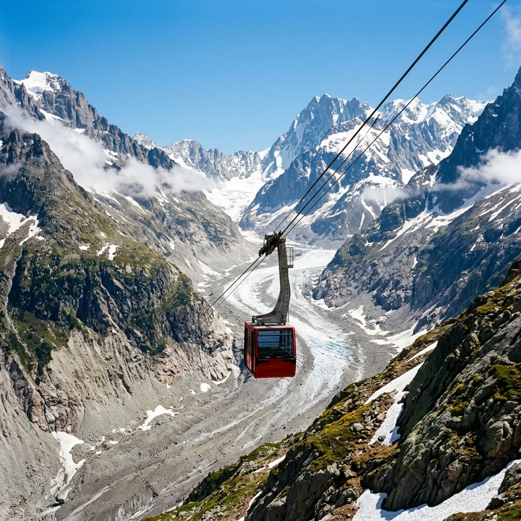 Cable car crossing a glacier valley