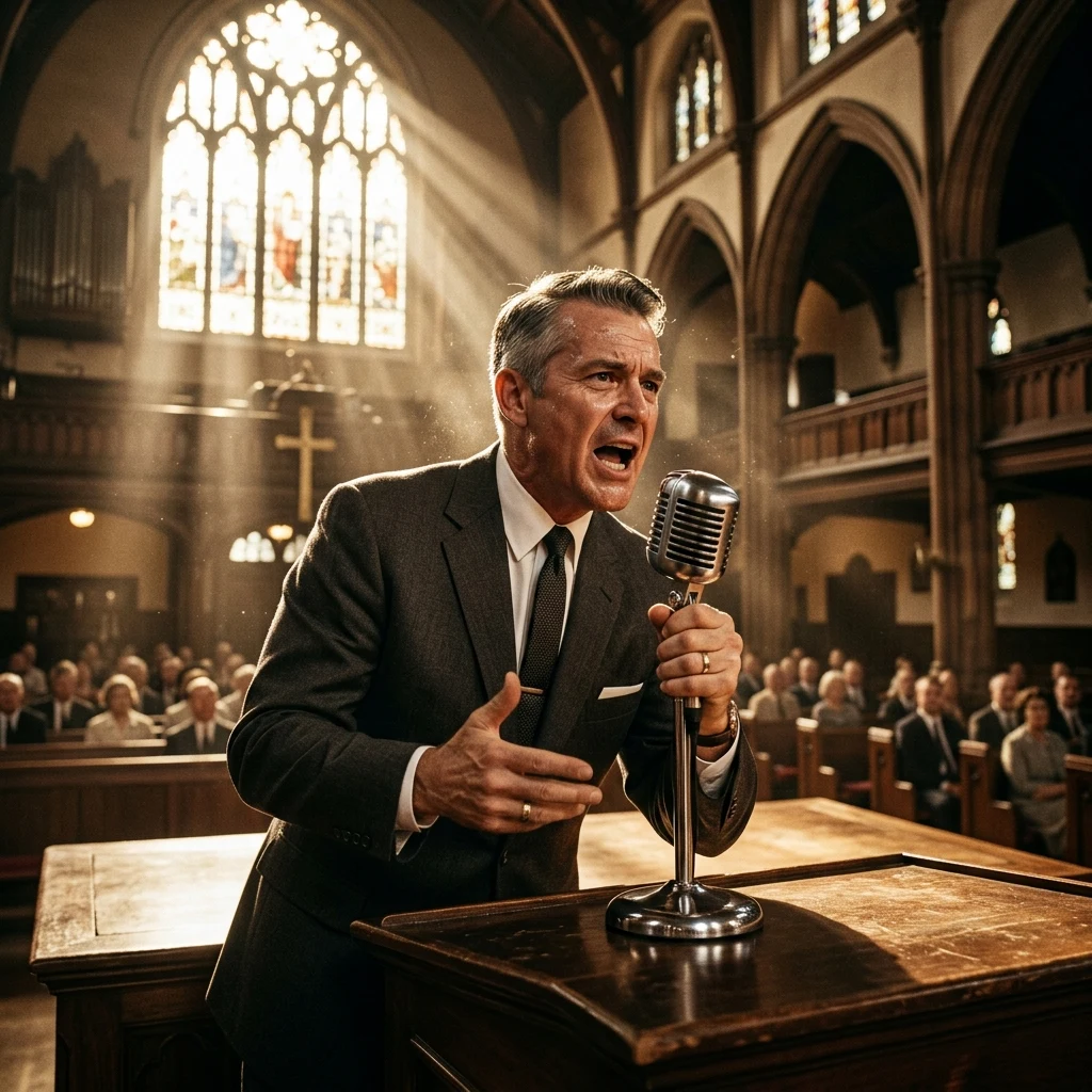 A 1950s radio evangelist in a sharp dark suit leaning heavily into an antique chrome…