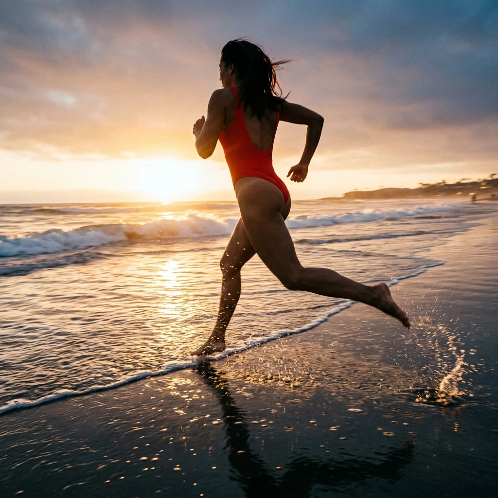 Running along the wet sand at sunset