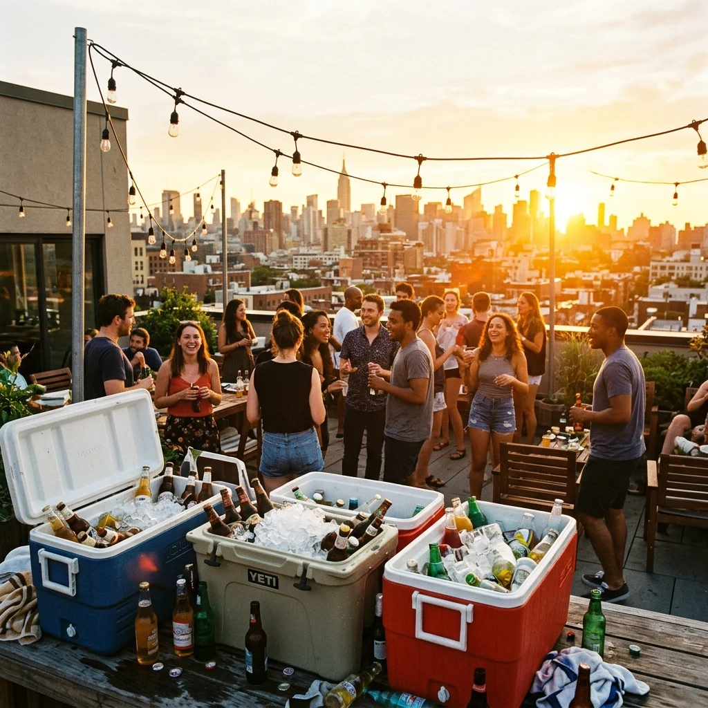Friends gathering on a city rooftop