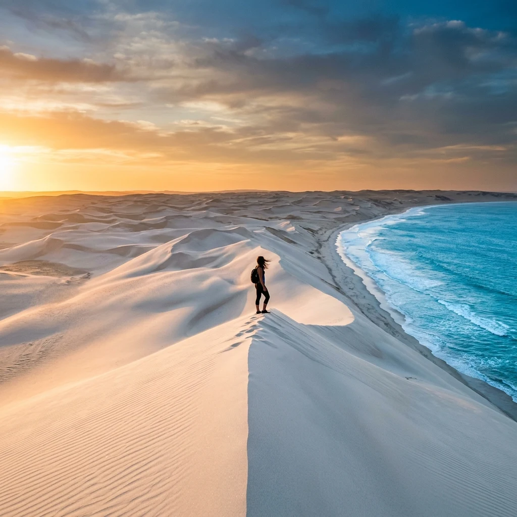 High-altitude coastal dunes meeting the turquoise ocean at Lençóis Maranhenses