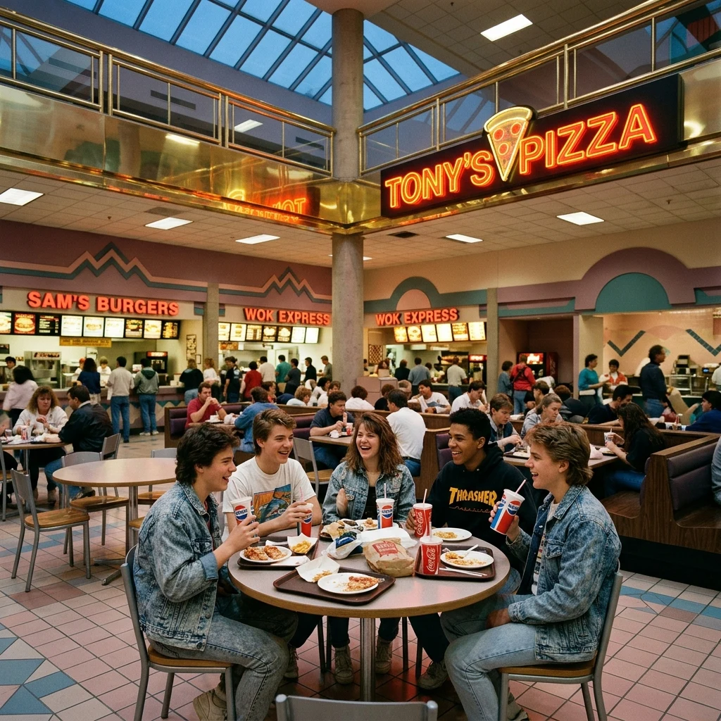 A mall food court at dusk in 1985
