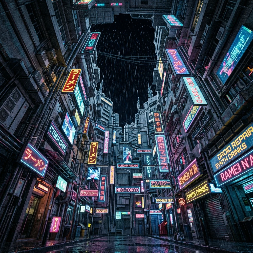 Neon signs in a rainy city canyon