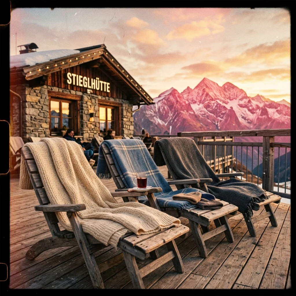 A Super 8 film still of an alpine ski lodge at golden hour
