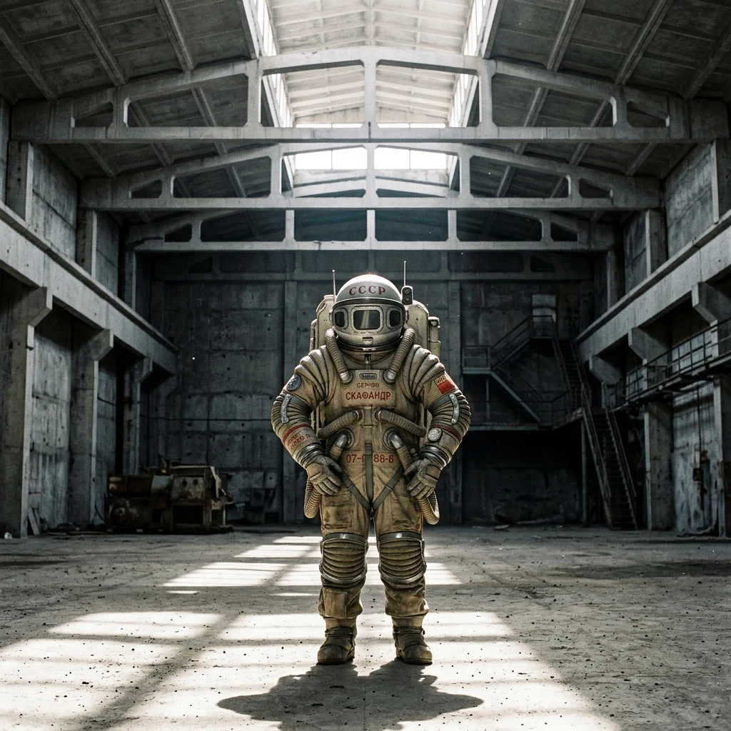 Vintage space suit in a concrete hangar