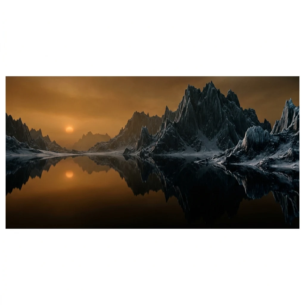 A distant vista of Mithrim Montes' dark ice ridges reflected in a calm black liquid…