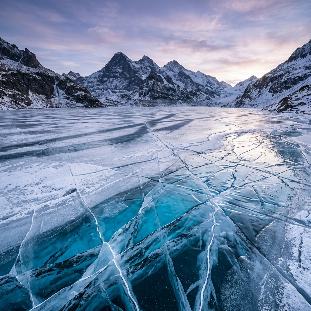 A frozen alpine tarn ice sheet cracking in geometric patterns at first light