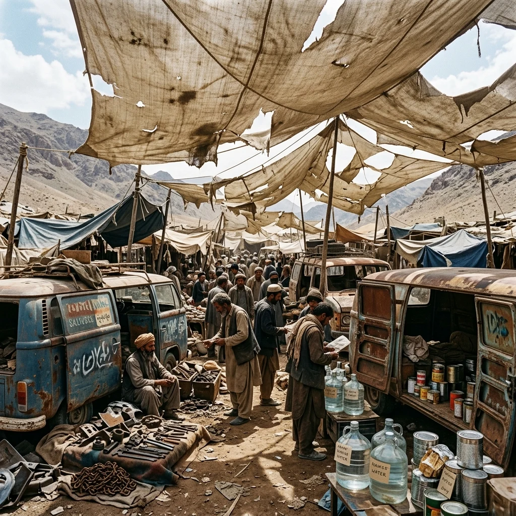 Desert marketplace under a tattered canopy