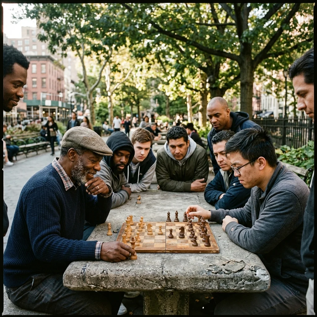 A park chess table mid-game