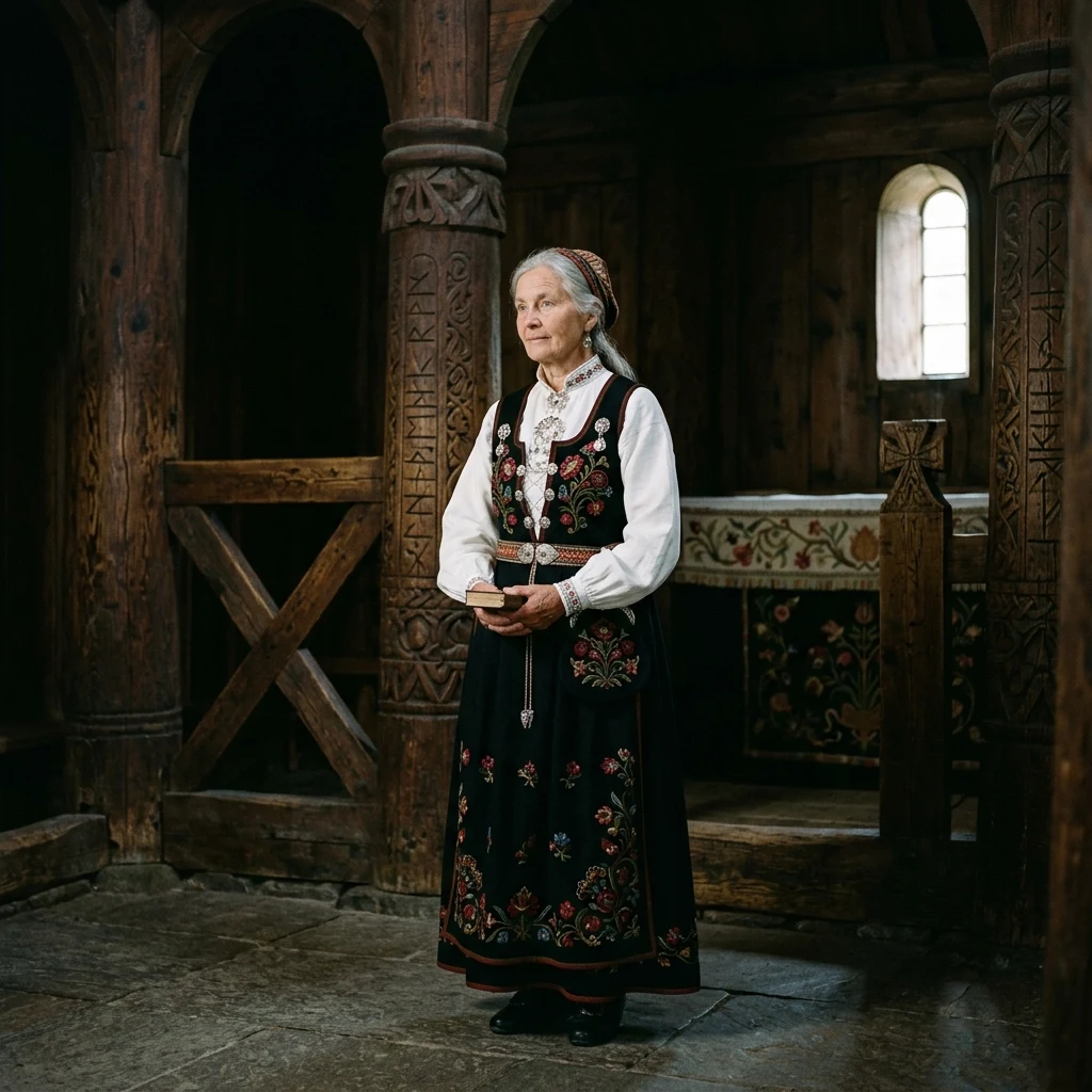 An elderly Norwegian woman wearing a region-specific bunad folk dress with silver…