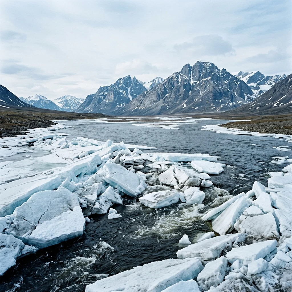 A 4x5 view of shattering river ice breaking up during the brief arctic summer at the base…