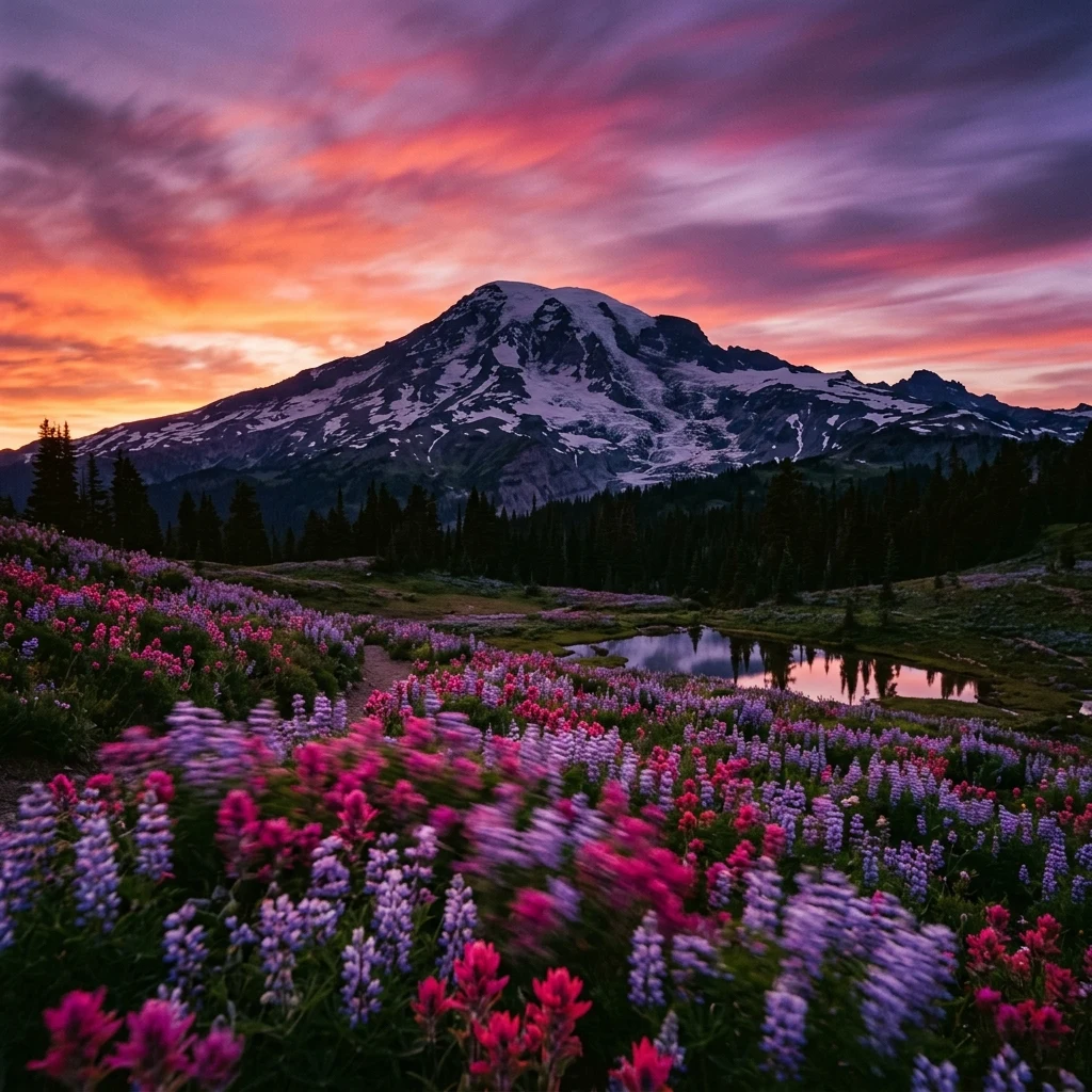 A dramatic long-exposure shot of Mount Rainier standing above a field of blooming pink…