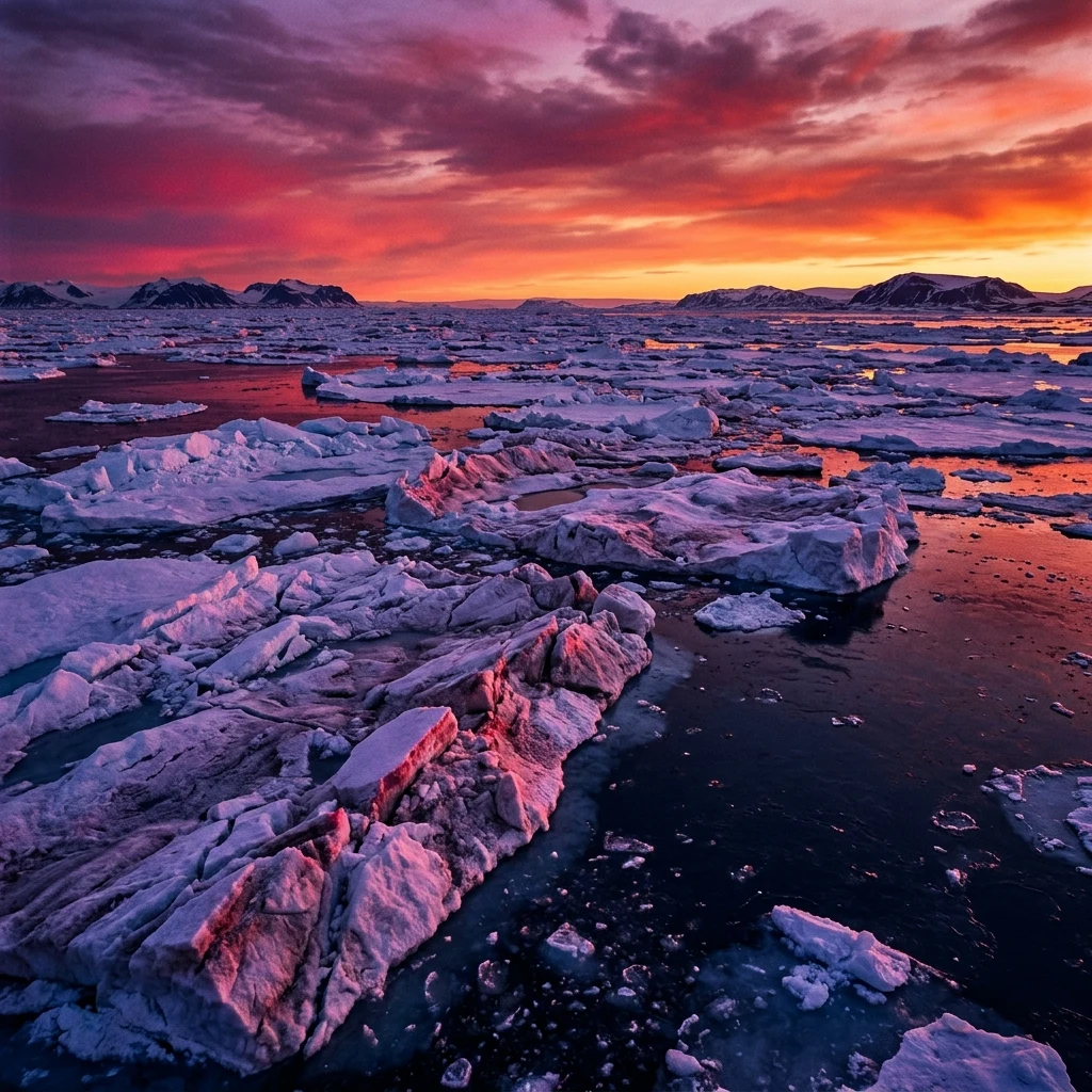 An epic sunset over a sea of ice floes