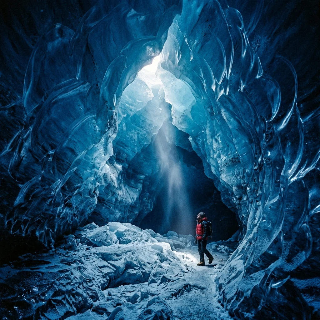 An epic ice cave interior sculpted from translucent blue glacier ice
