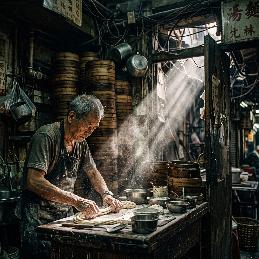 Craftsman working in a sunlit noodle shop