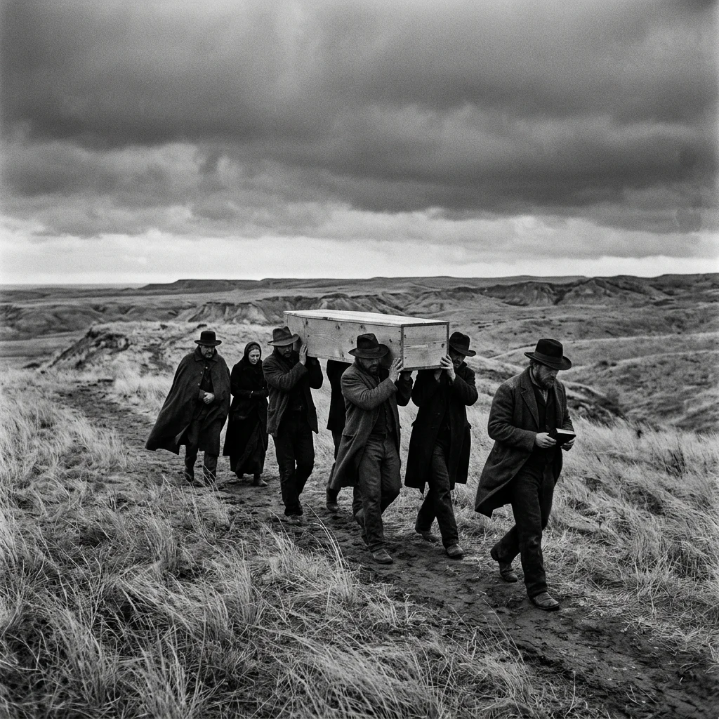 A pioneer funeral procession walking across a barren prairie ridge