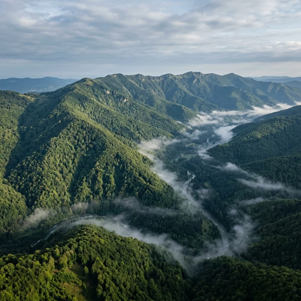 An aerial view of the arc-shaped Carpathian Mountains