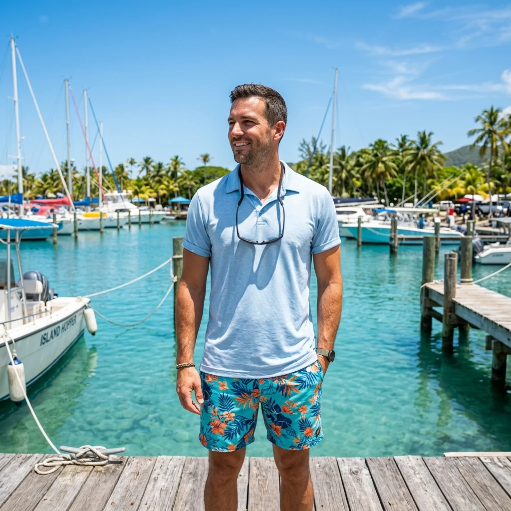 A man in a performance polo and boardshorts with sunglasses on a retainer