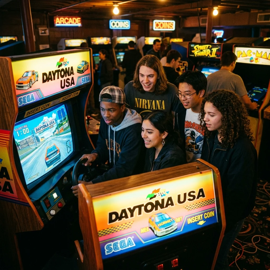 Friends playing arcade games together