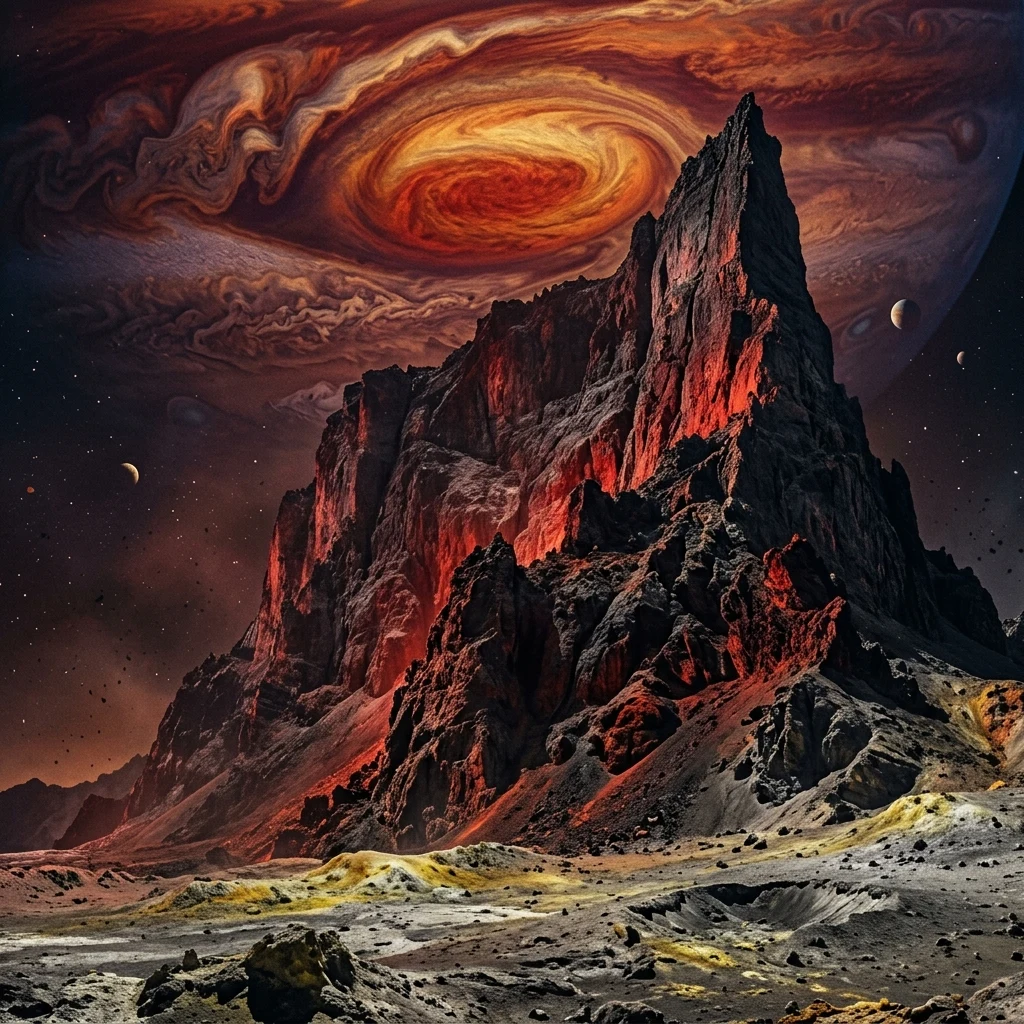 A dramatic landscape render looking up at the 18-km vertical cliff face of Boösaule Montes