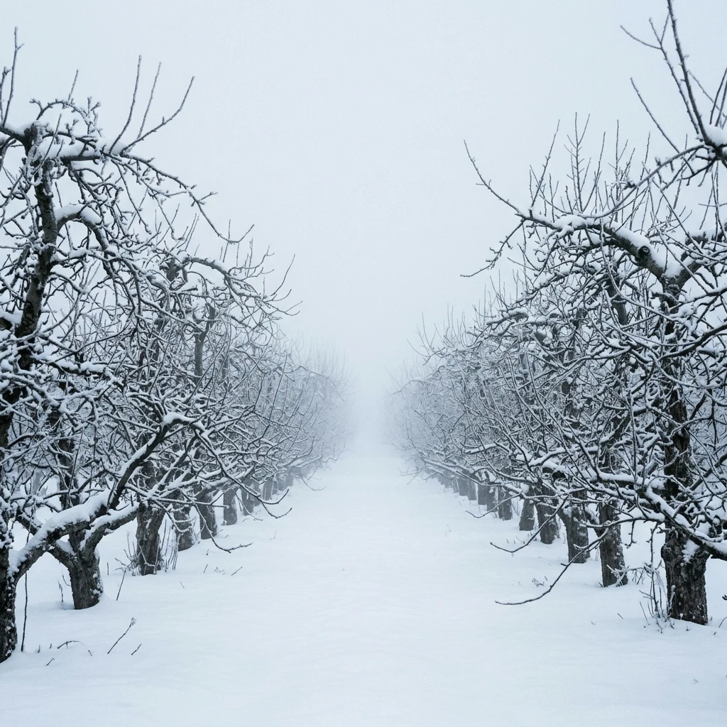 Snowy apple orchard in a winter fog