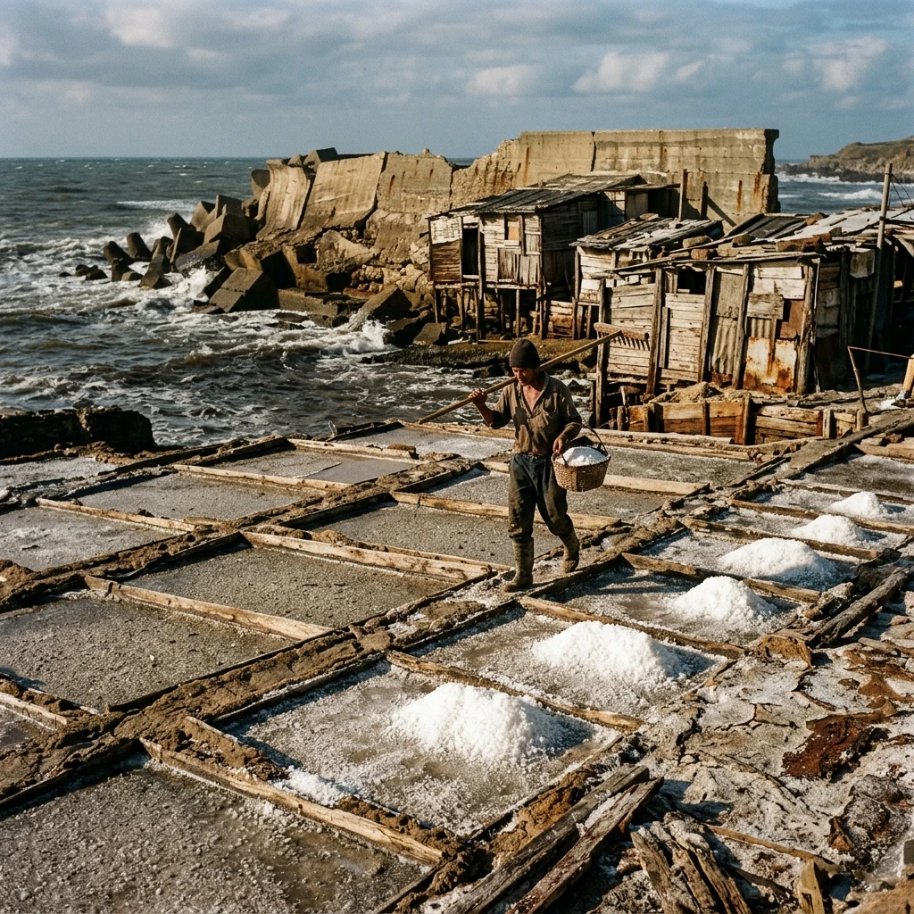 Salt harvesters working by the sea wall