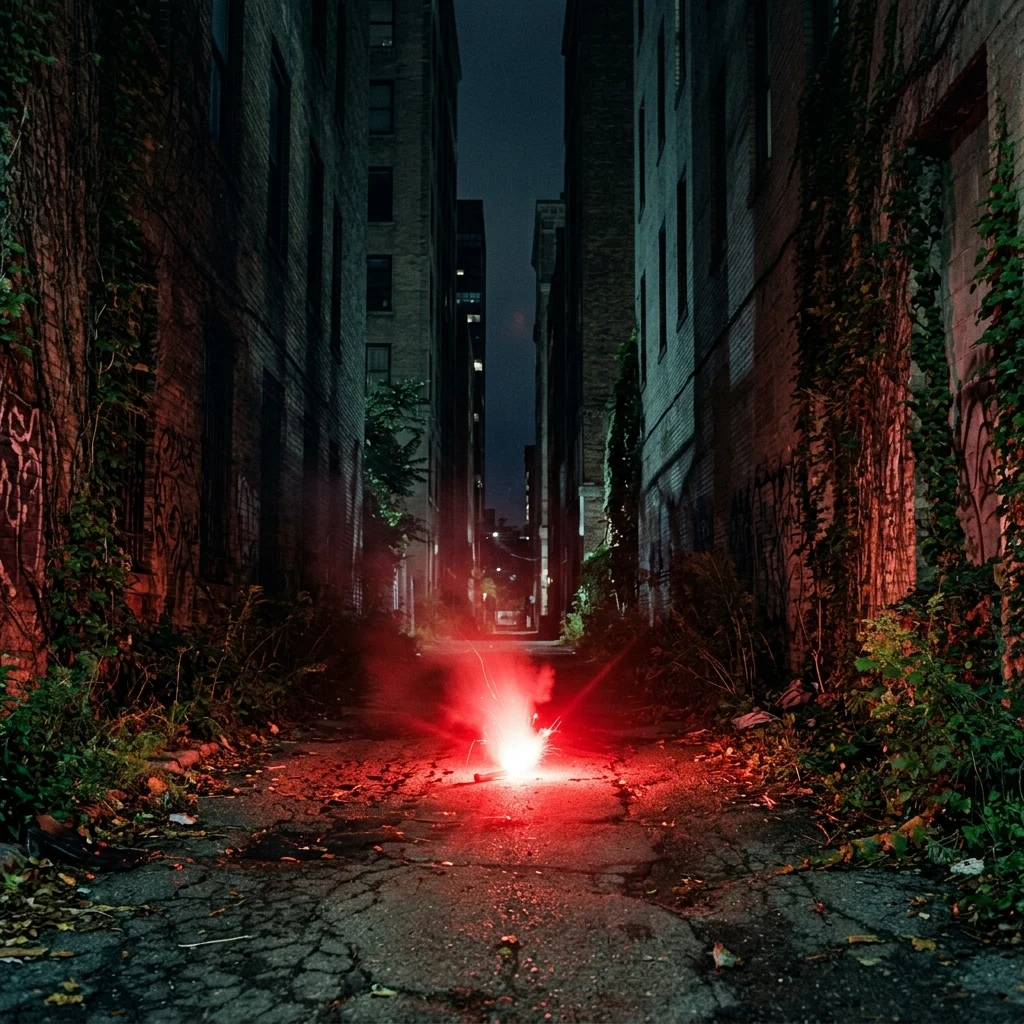 A bright red emergency signal flare burning brightly on the asphalt in a dark urban canyon
