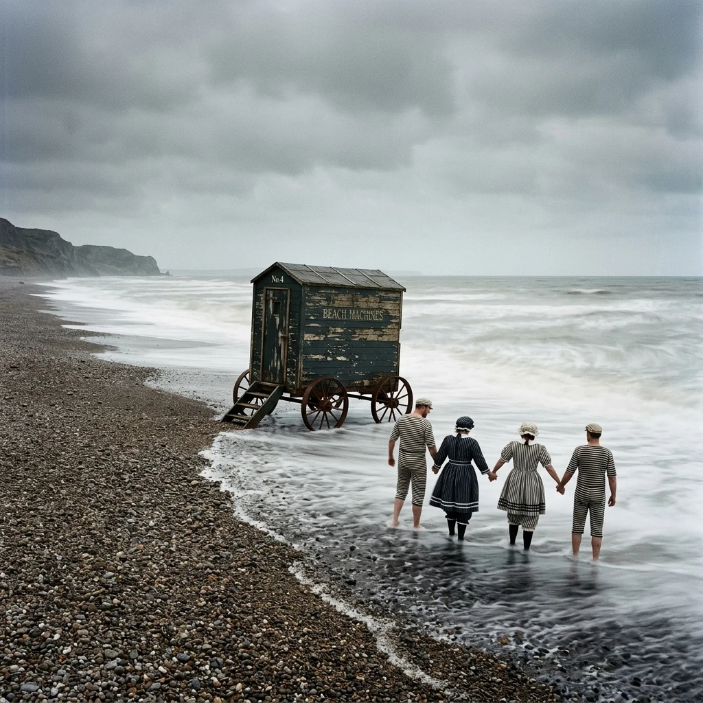 An Edwardian bathing machine on a shingle beach