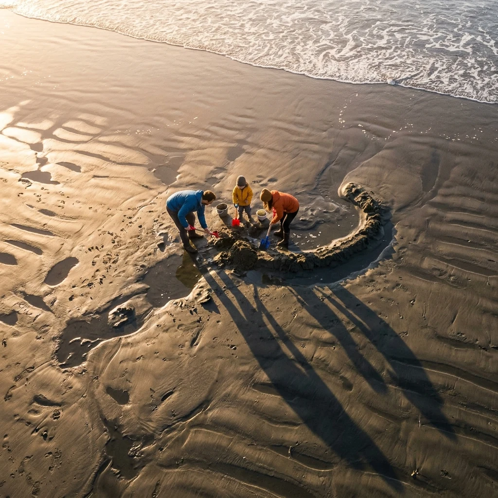 A family engineering a sand berm against the incoming tide