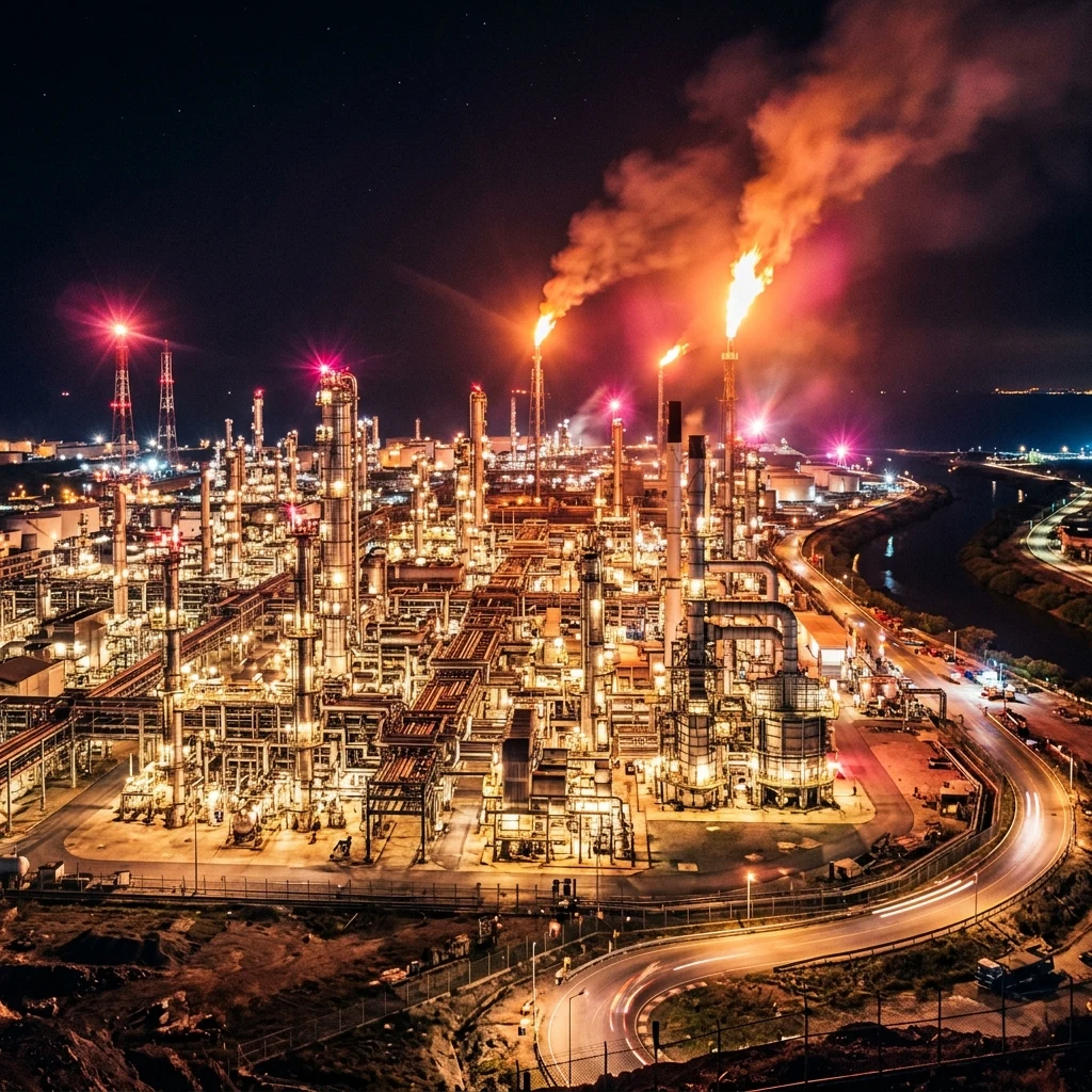 Industrial complex glowing at night
