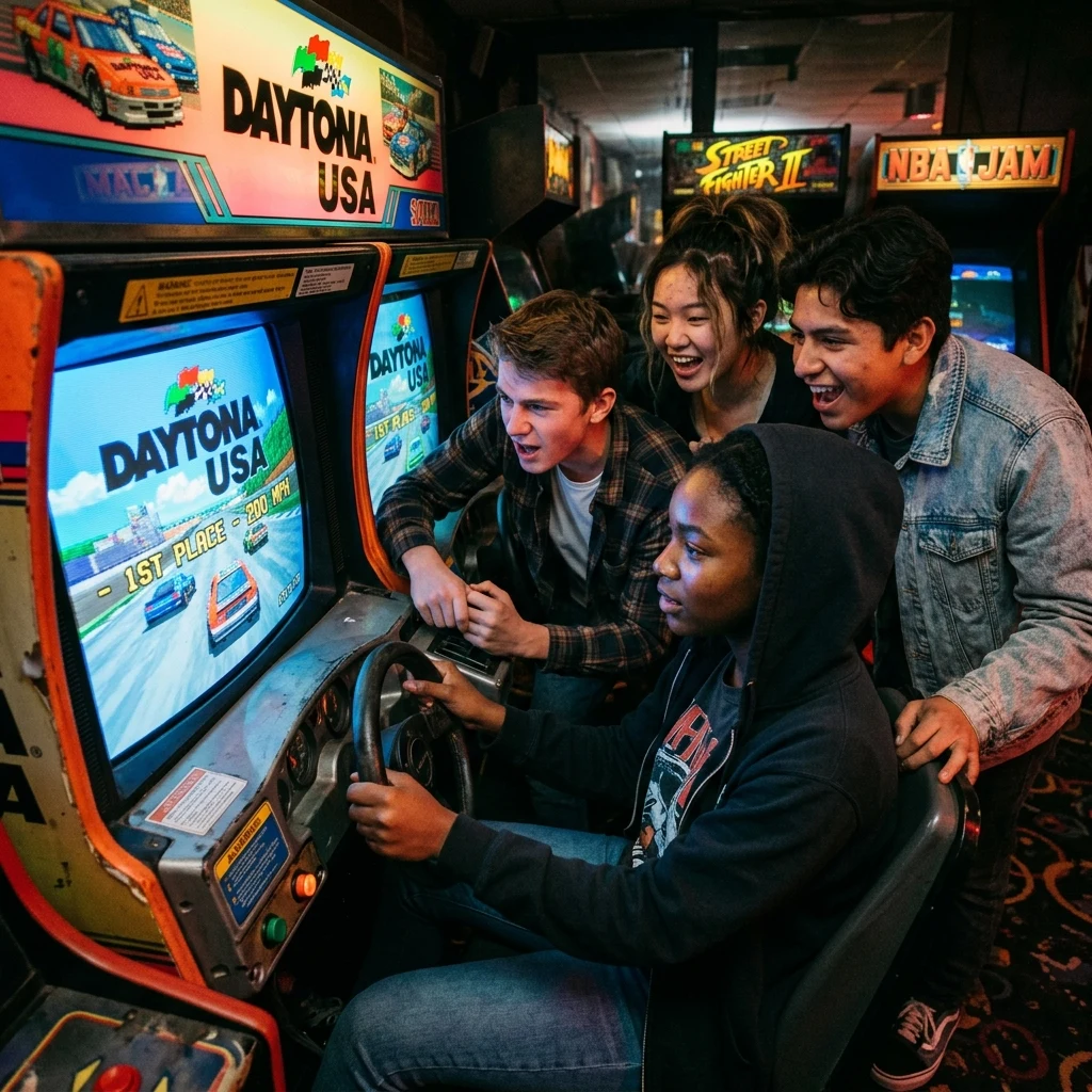 Friends playing arcade games in the dark