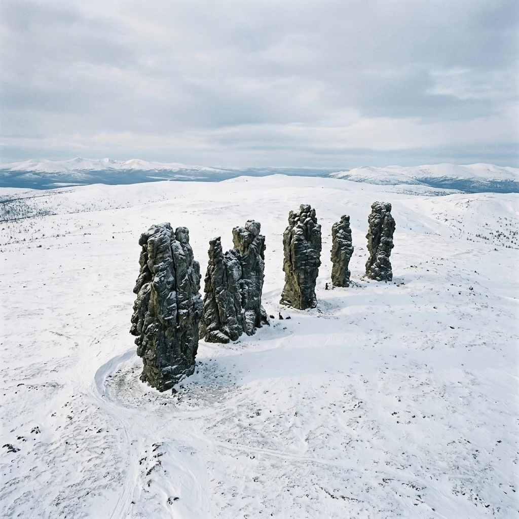 Jagged rock pillars in a snowy tundra
