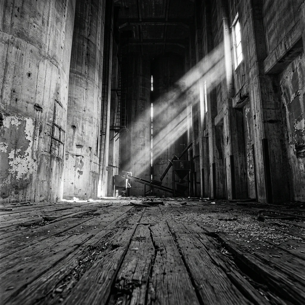 An empty silomill interior with rotting floorboards