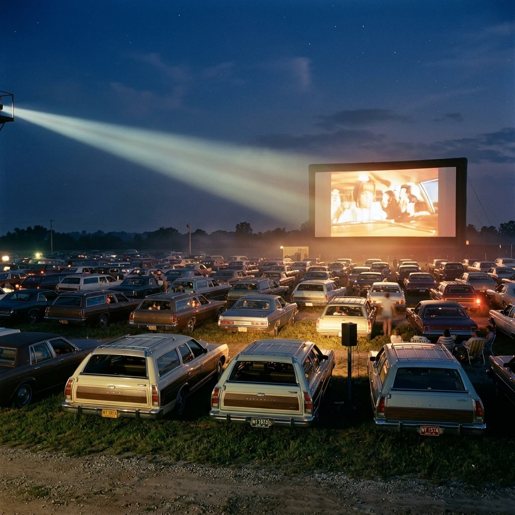 Vintage cars at a drive in movie