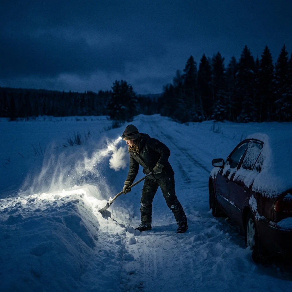 A woman digging her car out of a drift at dawn in a parka and headlamp