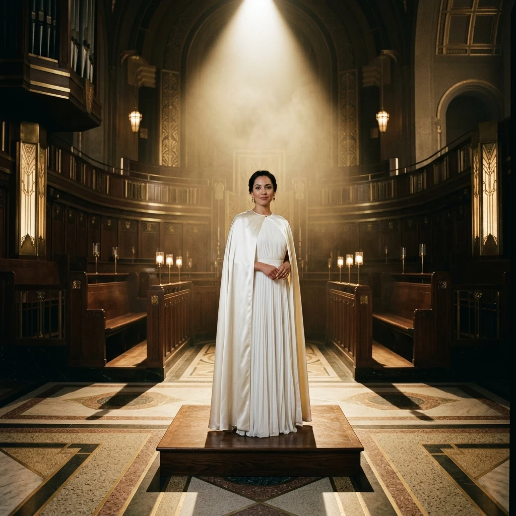 A female evangelist in a crisp white pleated gown and silk cape standing before a choir…
