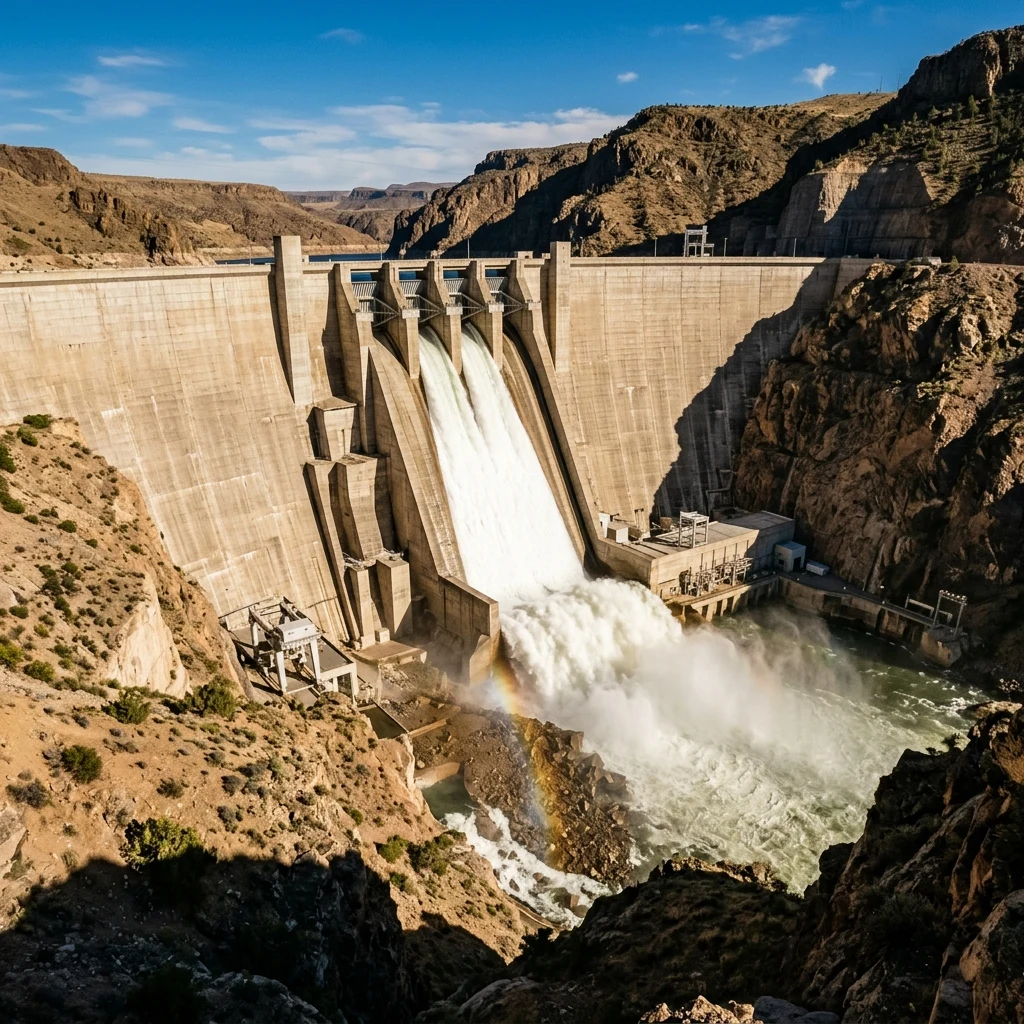 A massive hydroelectric dam wall photographed from the riverbed below