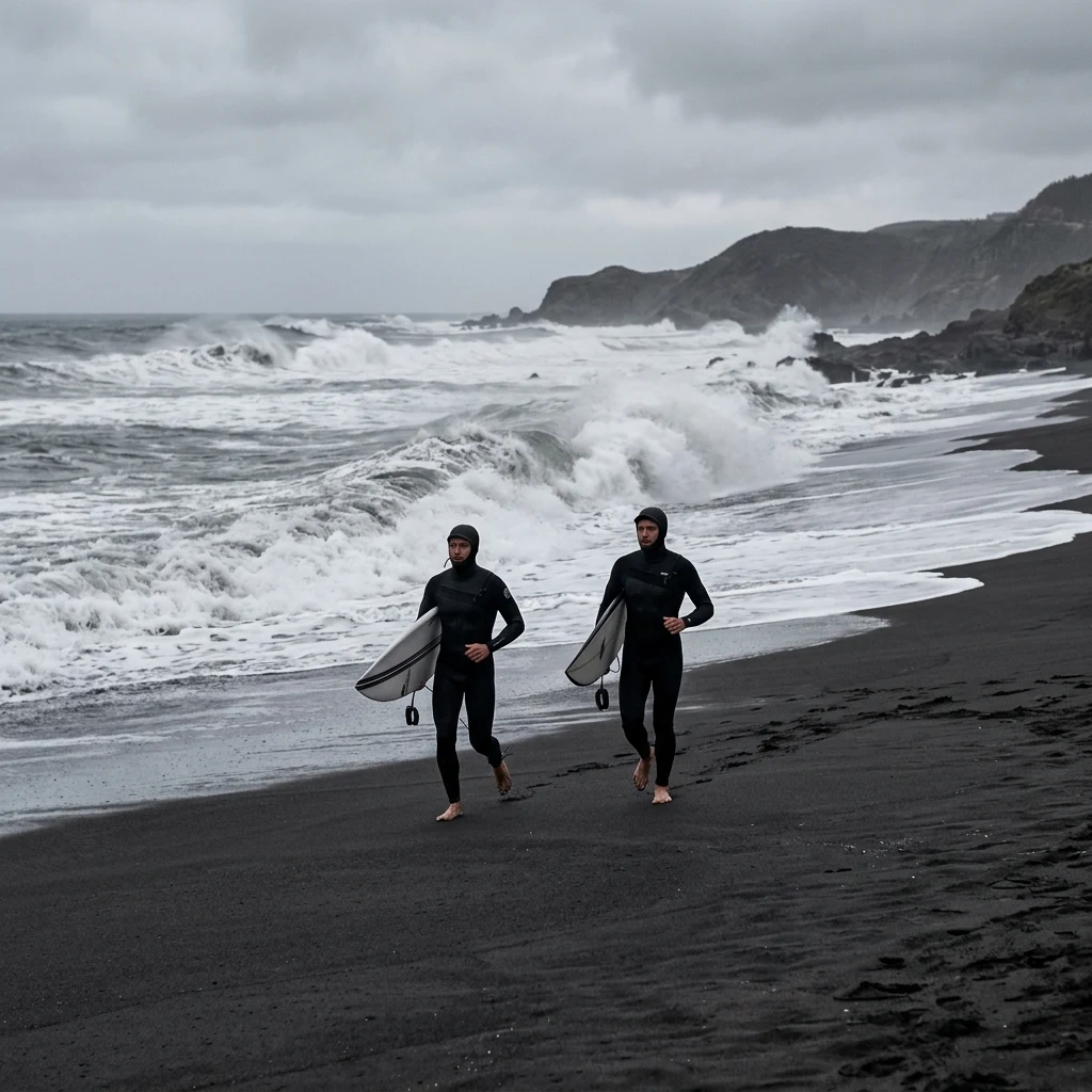 Surfers jogging across the black volcanic sand beach of Pichilemu