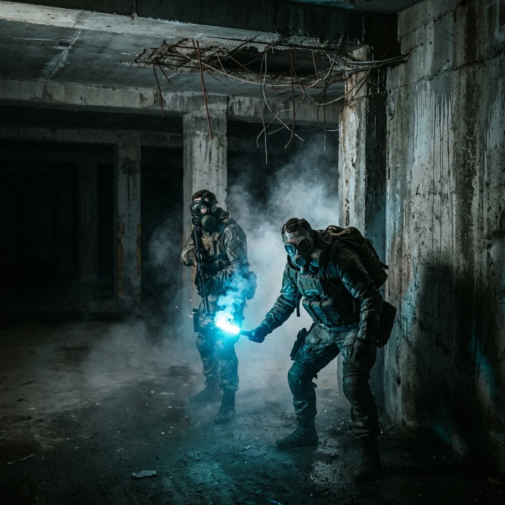 Two survivors in gas masks tracking a signal by the dim chemical light of a handheld blue…