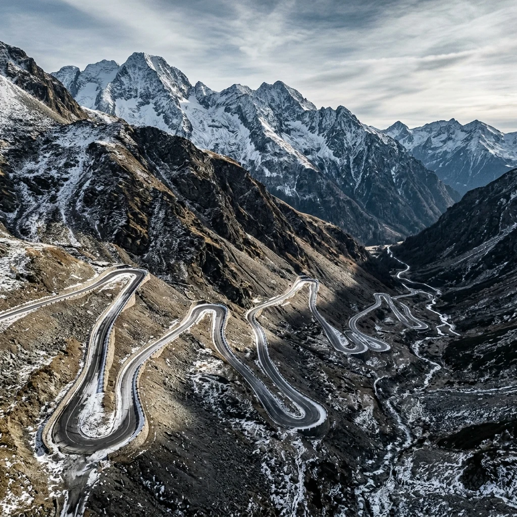 An icy mountain pass road with thirty hairpin turns winding down a barren scree slope