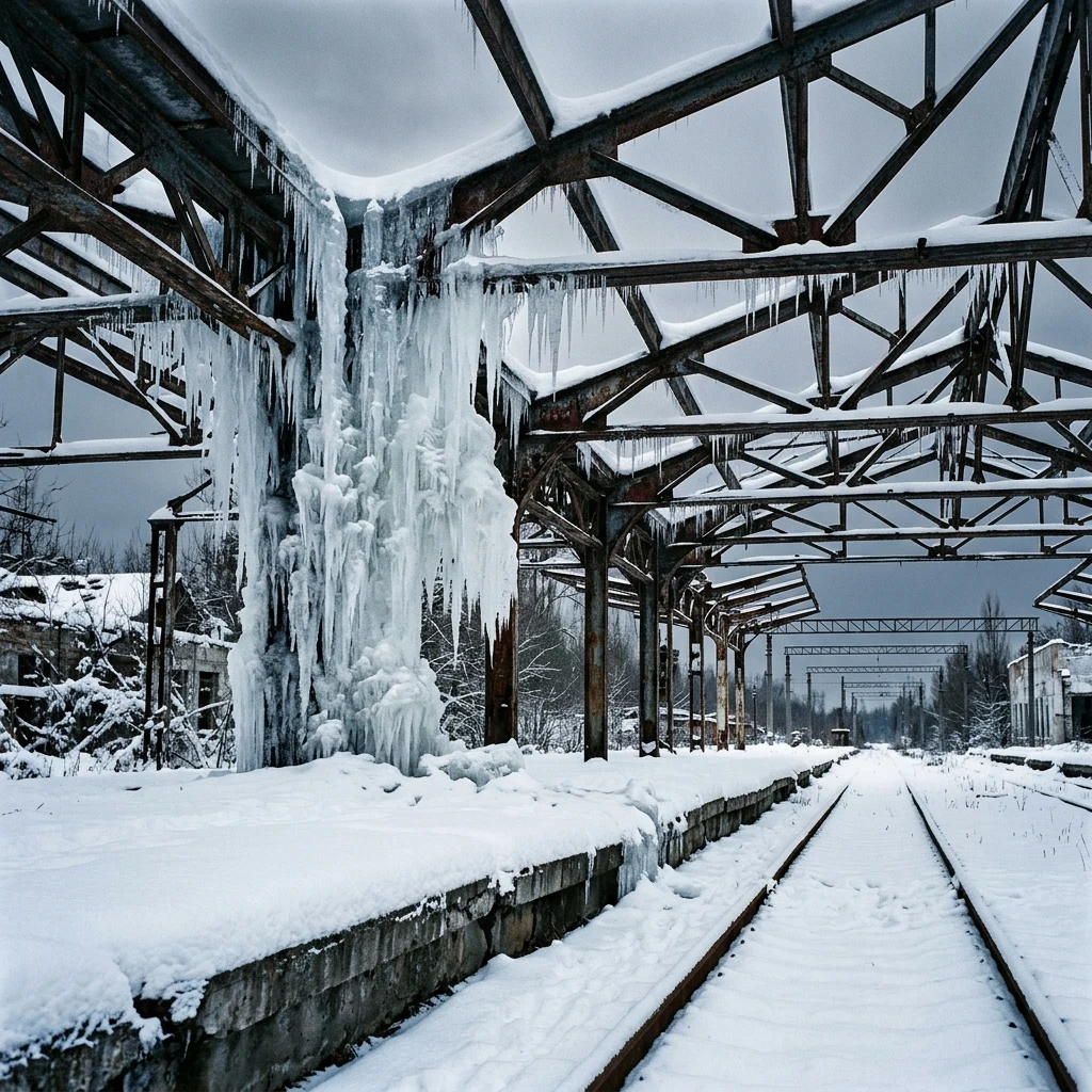 A ruined train station platform covered in deep powder snow