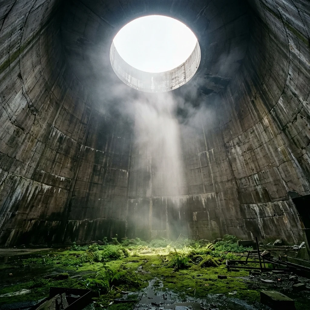 A long-exposure photograph of an abandoned concrete cooling tower interior