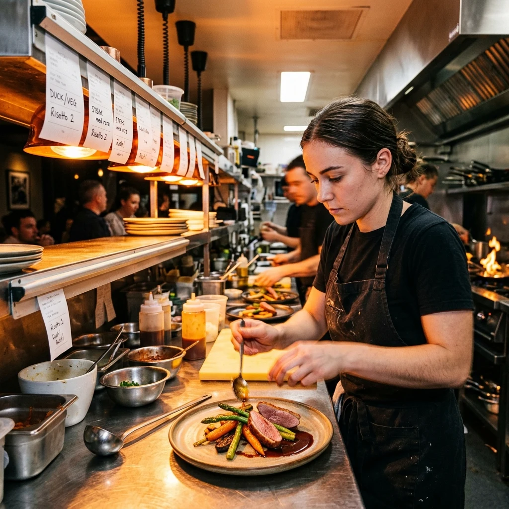 Chef plating food in a busy kitchen