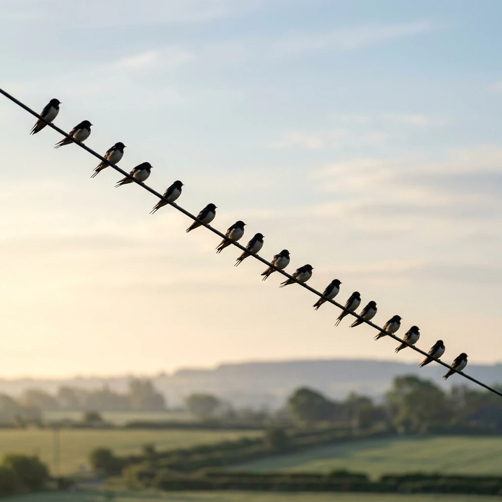 Swallows lined on a telephone wire in morning light