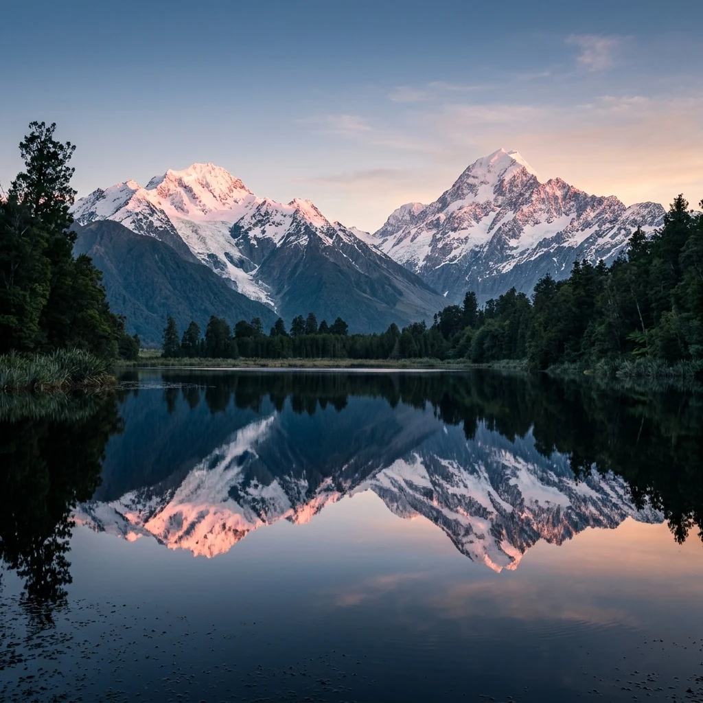 Snowy mountain peaks reflected in a calm lake