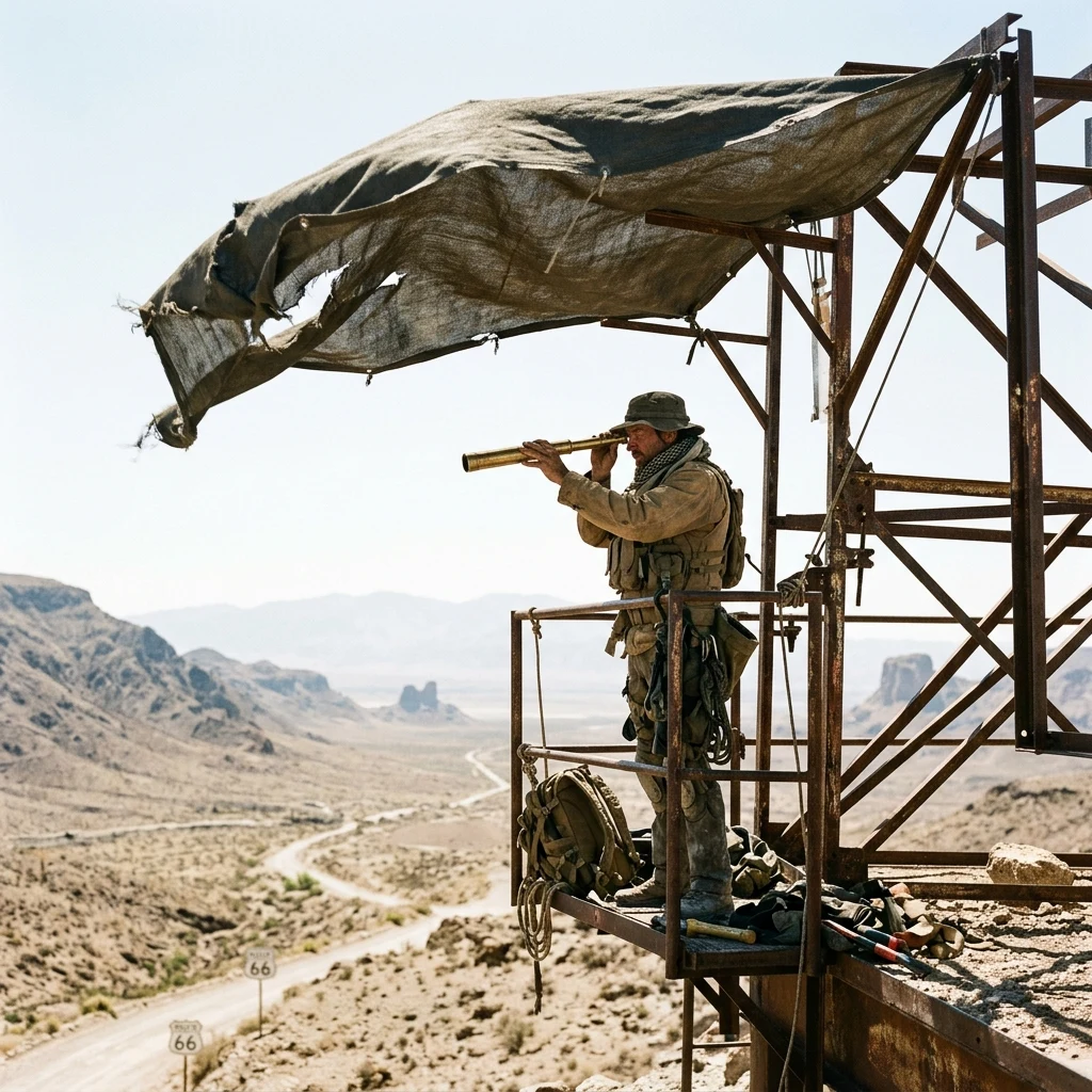 A sentry watching from a converted highway billboard frame used as a high-altitude lookout